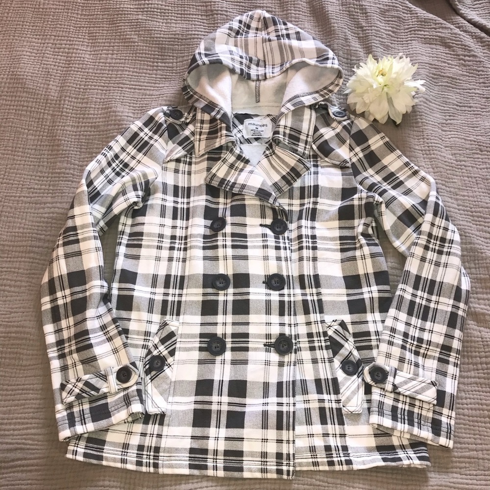 MAURICES White and gray plaid hooded pea coat M